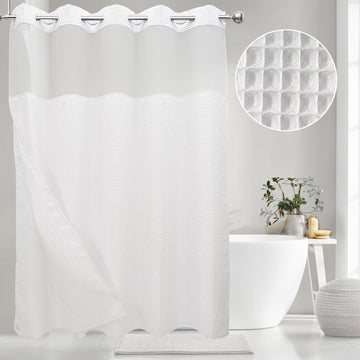 No Hook Waffle Weave Shower Curtain with Snap-in Fabric Liner Set | 71W x 74H,256GSM Waffle Weave White Hotel Grade