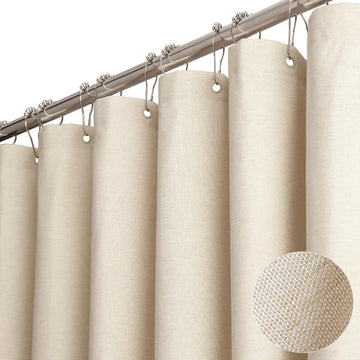 Long Linen Textured Waterproof Shower Curtain Set, 72x84, Beige/Cream | Tall Size, 230GSM Polyester, Heavy Duty