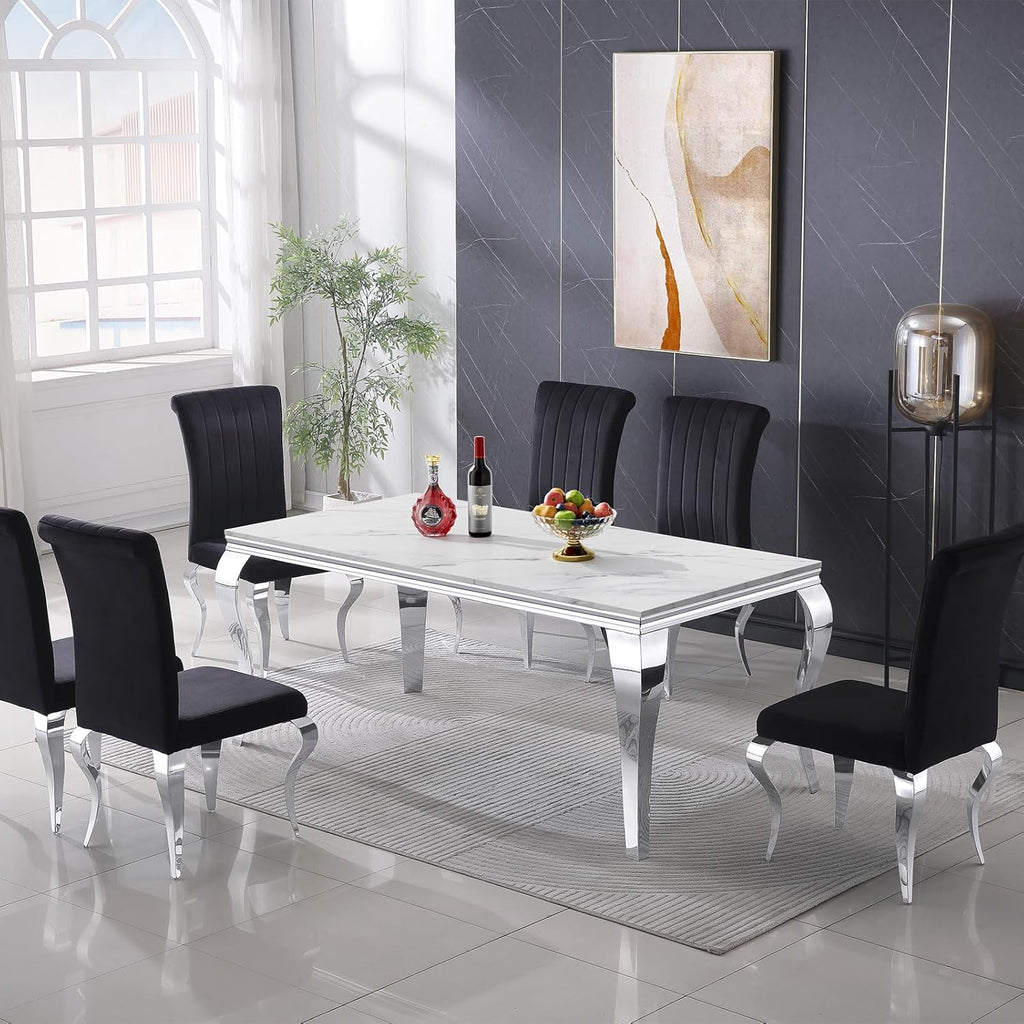 Luxury Marble Dining Table Rectangular 68" Faux Marble Kitchen Table with Silver Mirrored Stainless Steel Legs, White