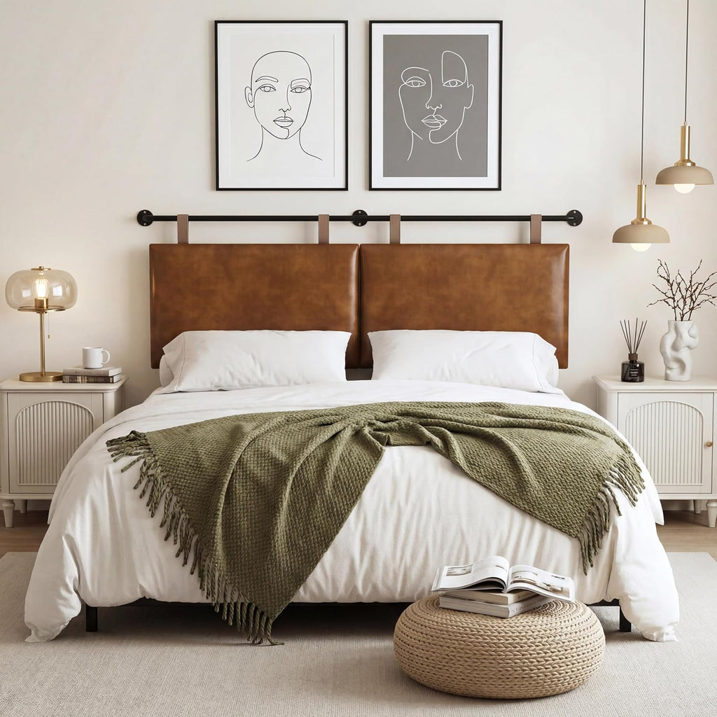 King Headboard, Wall Mounted Hanging Upholstered Soft Bed Head Board with Modern Design Faux Leather Headboards Ideal