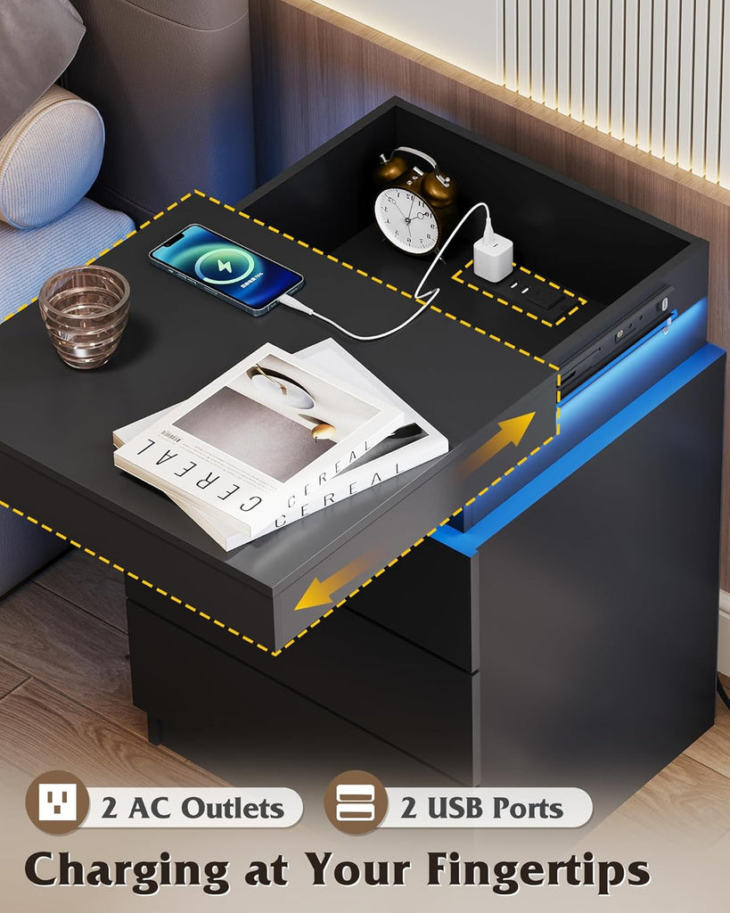 Black Nightstand with Charging Station & LED Lights, Modern Night Stand with 3 Drawers and Sliding Top, Bedside Table