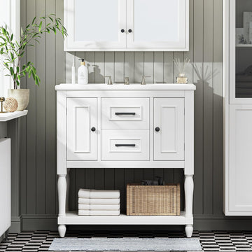 Bathroom Vanity with Sink, 30" Vanity with Storage, Modern Bath Room Sink Cabinet with 2 Drawers and 2 Cabinets, Solid Wood Frame BathroomVanity, Single Bathroom Vanity with Shelf, White