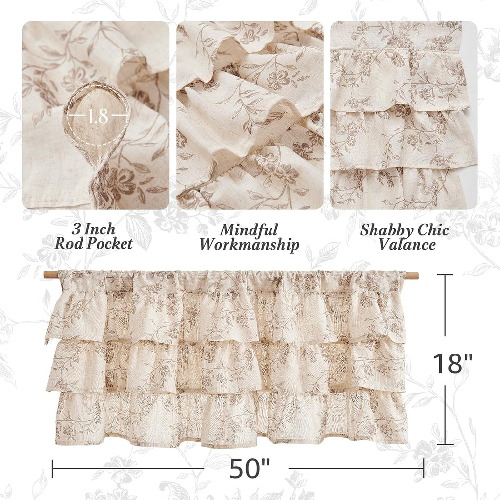 Ruffled Floral Valance Curtain Shabbychic Linen Window Valance 18 Inch Farmhouse Rustic Window Treatment for Kitchen