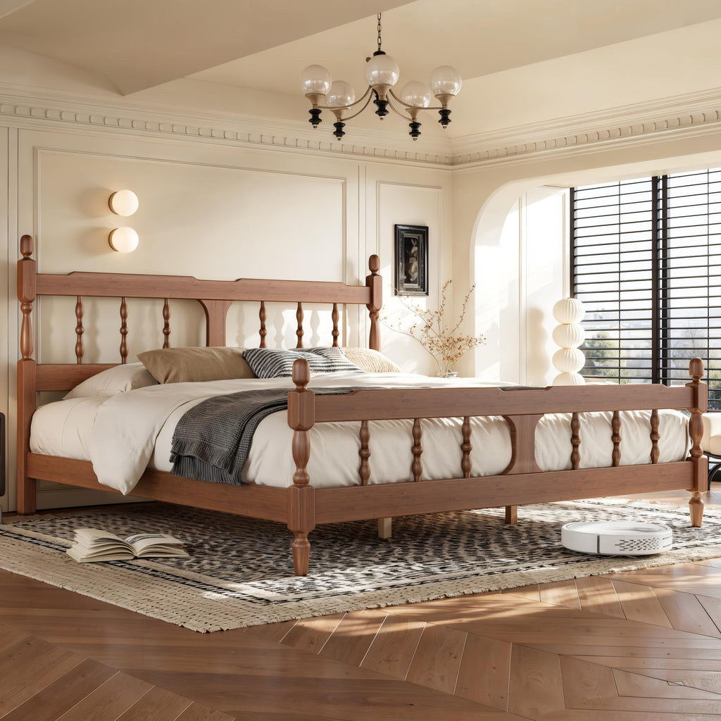 King Vintage Wood Spindle Post Bed, Bamboo Platform Bed, Brown