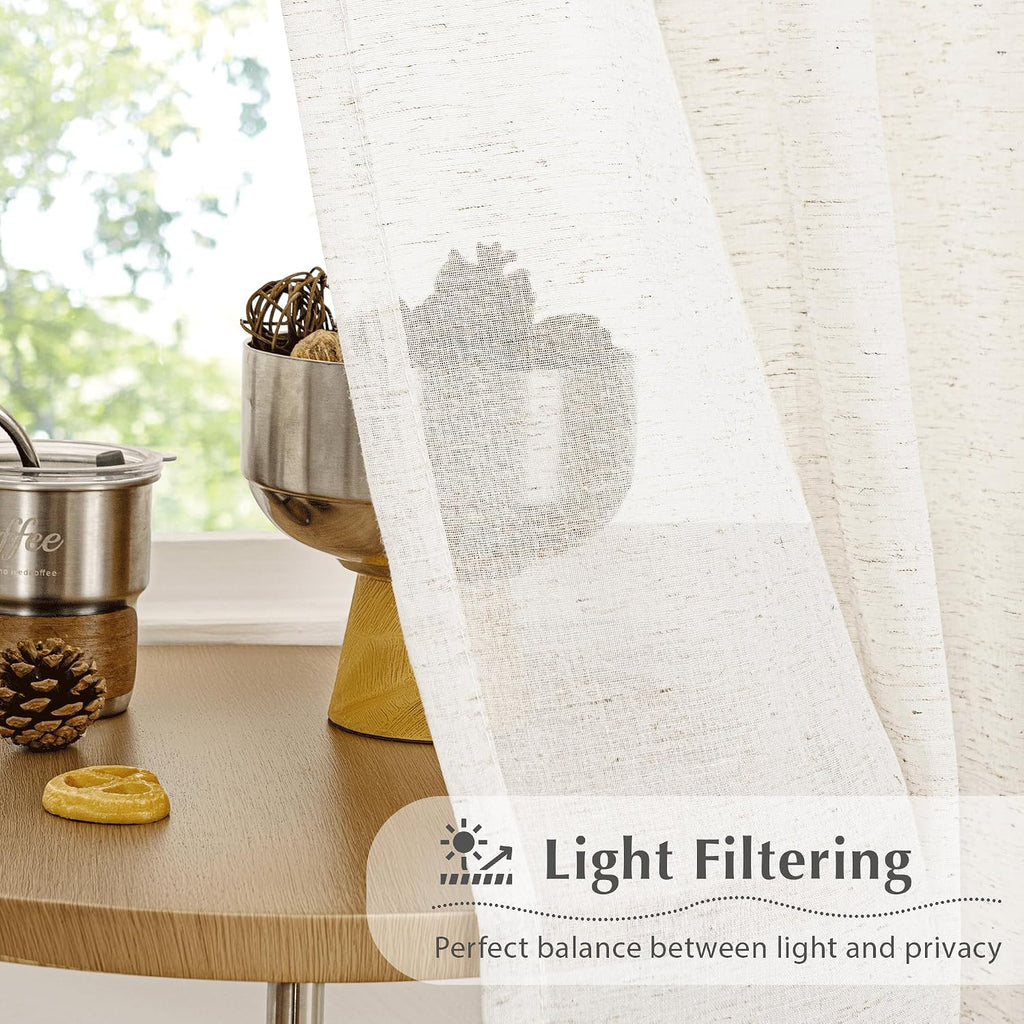 Linen Sheer Pinch Pleated Curtains, Linen Flax Beige 96 Inches Long Sheer Curtain Panels, Natural Back Tab Window