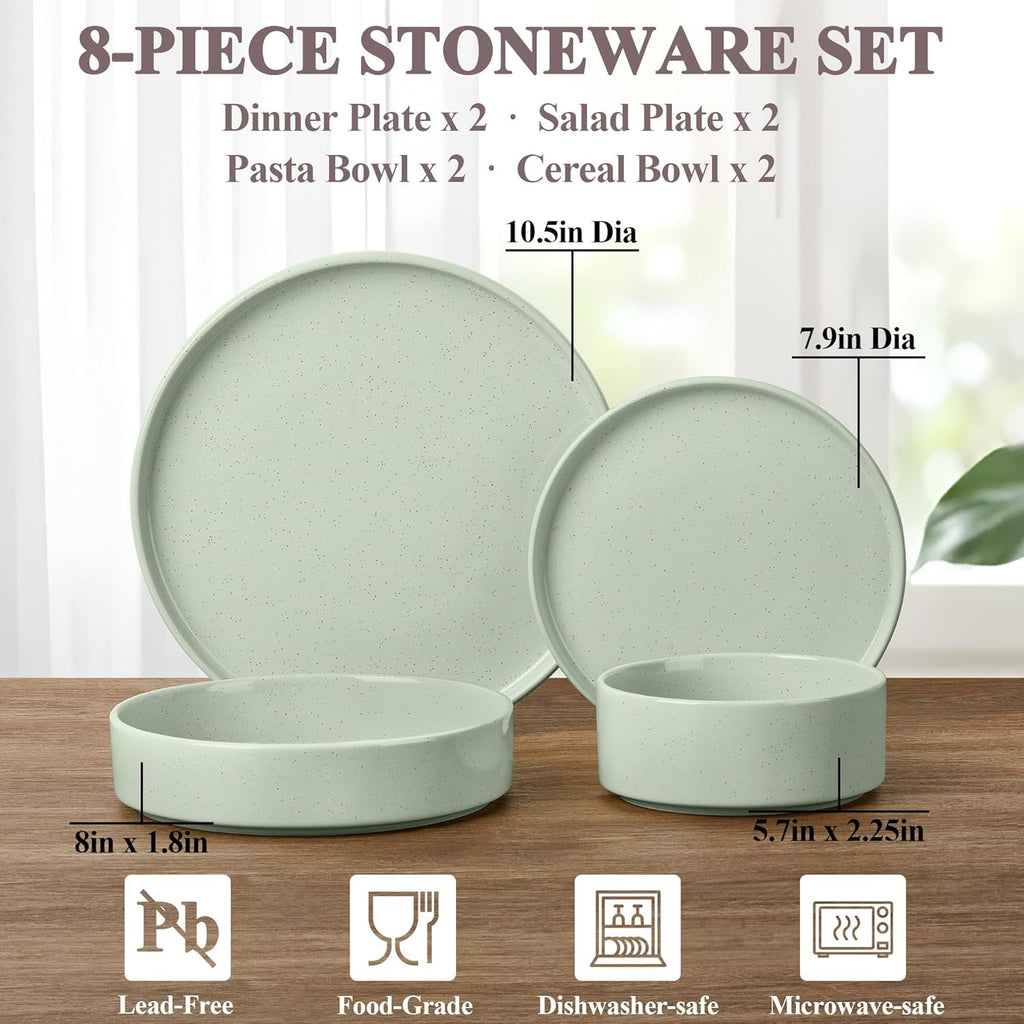 8 Piece Plates and Bowls Set, Kitchen Dinnerware Sets with Pasta Bowls, Dinner Ware Dishes Service for 2