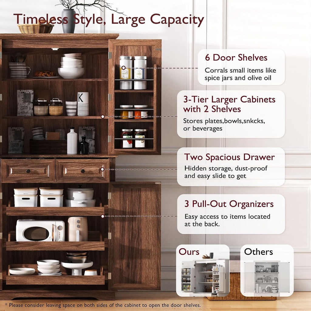 71" Farmhouse Pantry Cabinet with Pull Out Shelves & Drawers