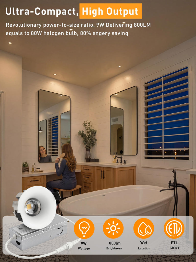 [6 Pack] 3 Inch Trimless Recessed LED Lights with Junction Box,2700-5000K Selectable,Narrow Frame Smooth Trim,9W