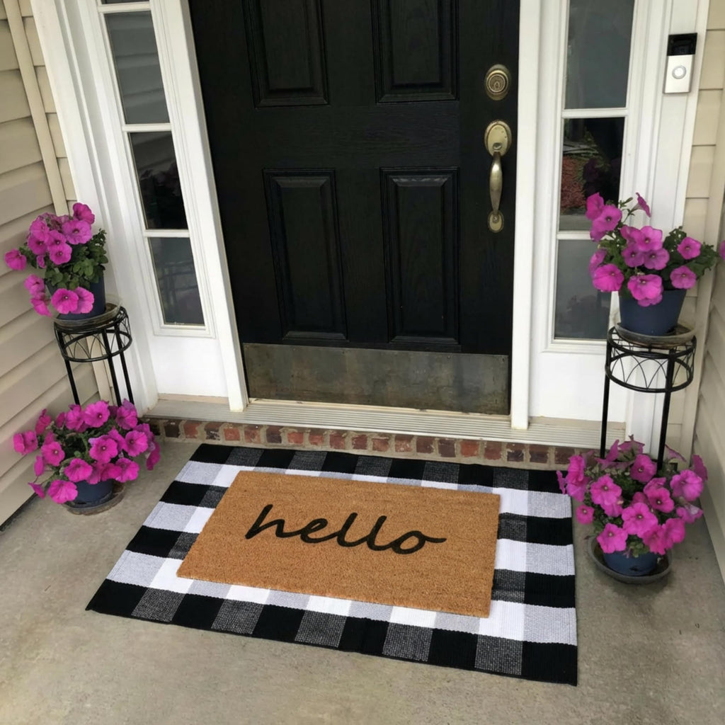 2-Piece Layered Front Doormat Set, Fall Decor Hello Natural Coco Coir Door Mat + 28"x43" Black and White Buffalo