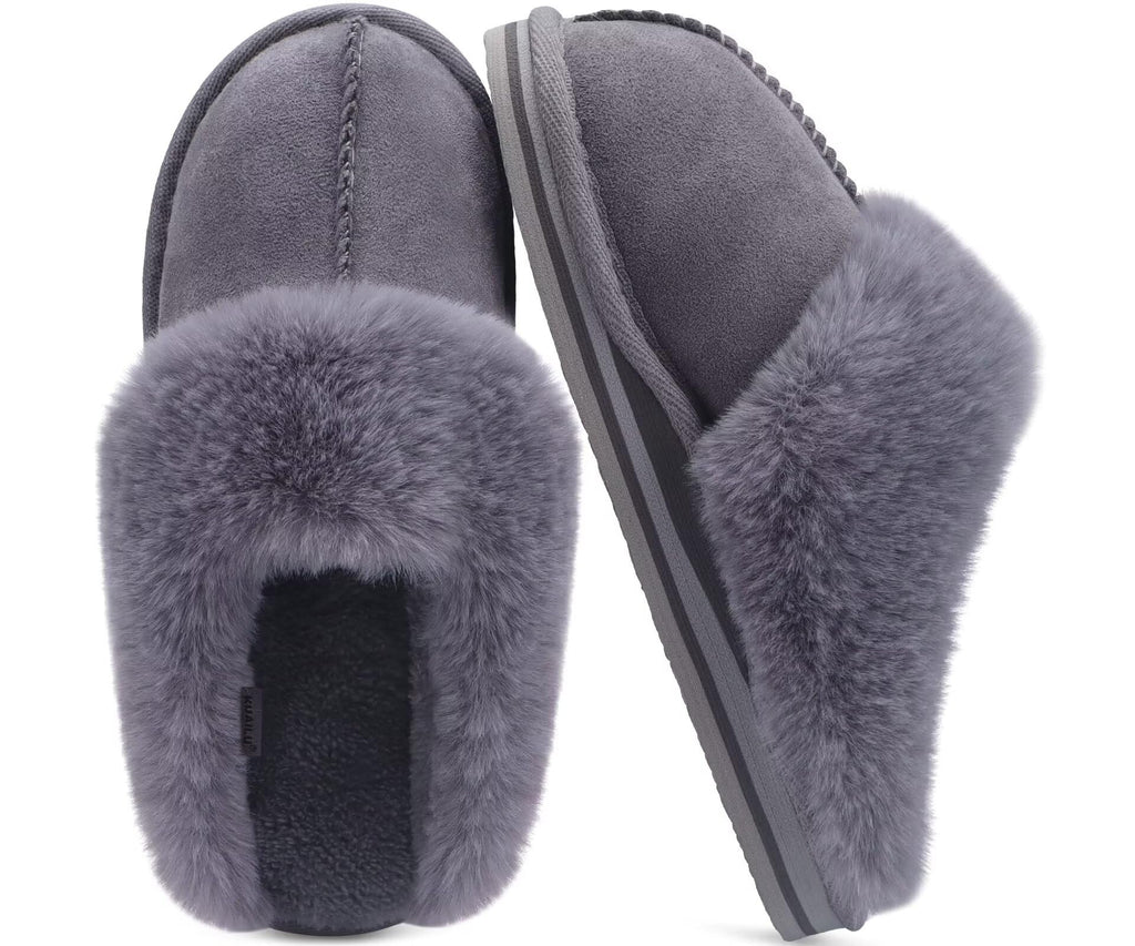 Women Fuzzy Memory Foam Slipper House Shoe Arch Support Dark Grey 9