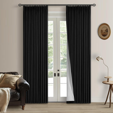 Black Pinch Pleated Full Blackout Linen 80 Inch Window Curtains 2 Panels