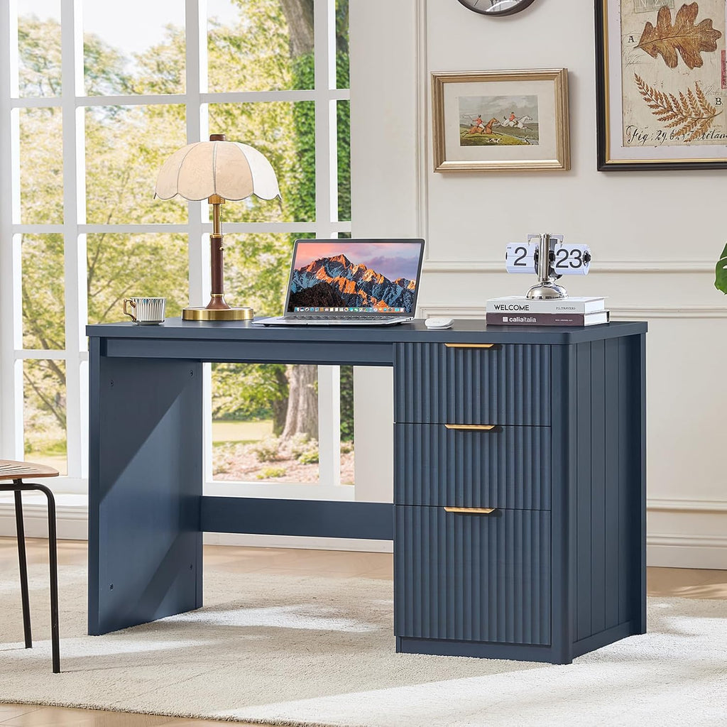 Office Desk 48" with 3 Drawers Storage File Cabinet Wood Fluted Desk for Computer Office Bedroom Home Furniture Blue