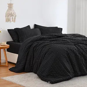 Seersucker Black Full Comforter Set, 7-Piece All Season Lightweight Bed in a Bag Bedding Set with Comforter, Flat