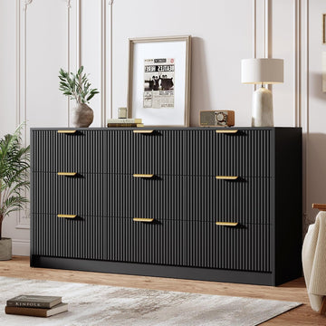 9 Drawers Dresser - Modern Fluted Chest of Drawers, Black | 59" Wide Drawers with Golden Metal Handles, Large TV