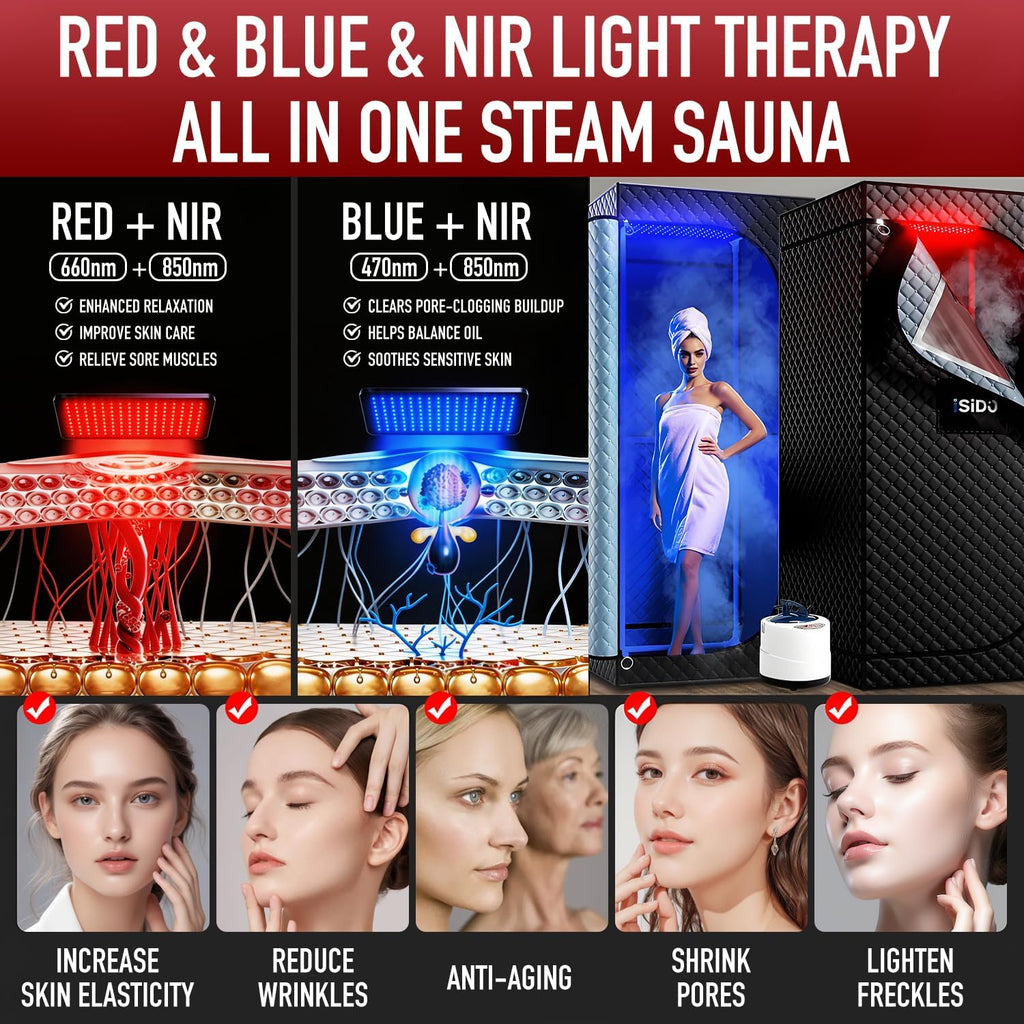 Upgraded Infrared Steam Sauna with 660nm Red Light Therapy & 850nm Infrared Light Panel, 3L 1300W Steamer