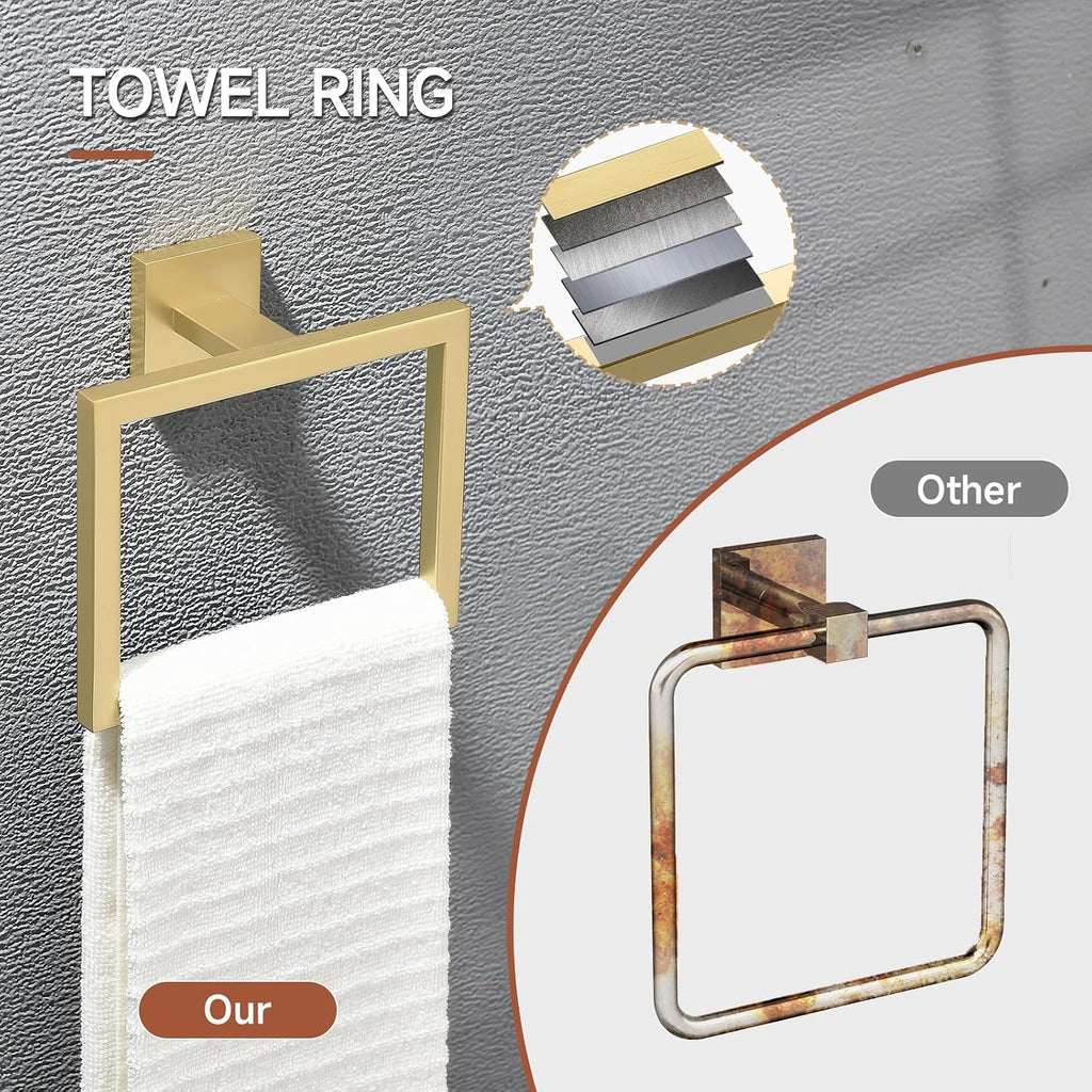 Brushed Gold Bathroom Hardware Accessories Set 10 Pieces, 23.6" SUS304 Stainless Steel Towel Bar Set Wall Mounted