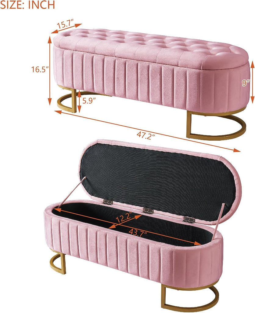 Elegant Upholstered Velvet Storage Ottoman with Button-Tufted, Storage Bench with Metal Legs , Fully Assembled Except