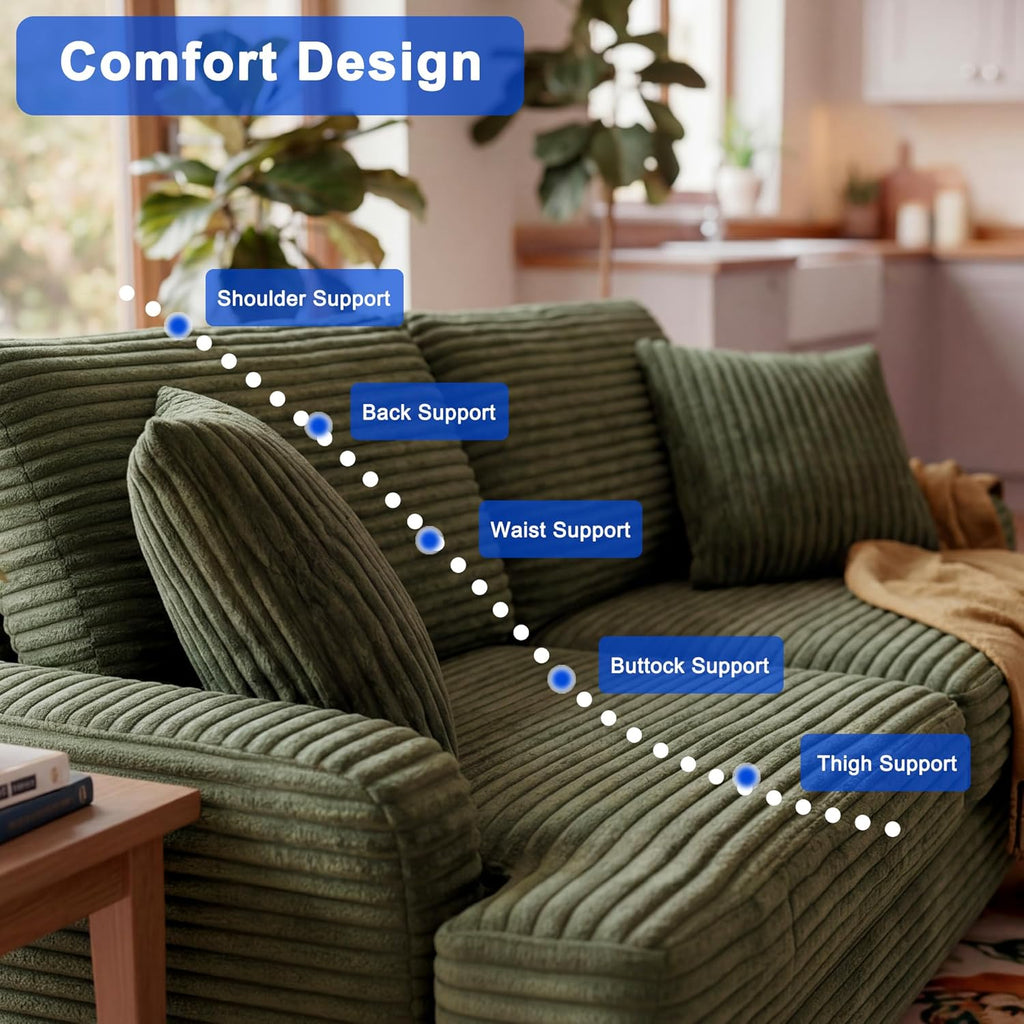 80 Inch Olive Green Sofa Couch, Plush Corduroy Deep Seat Sofas