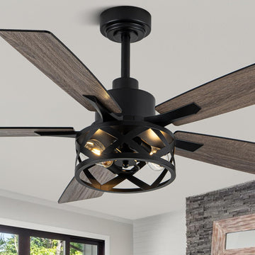 52" Farmhouse Ceiling Fan with Lights and Remote,Ceiling Fan with Caged Rustic Light Fixture,Reversible DC Motor