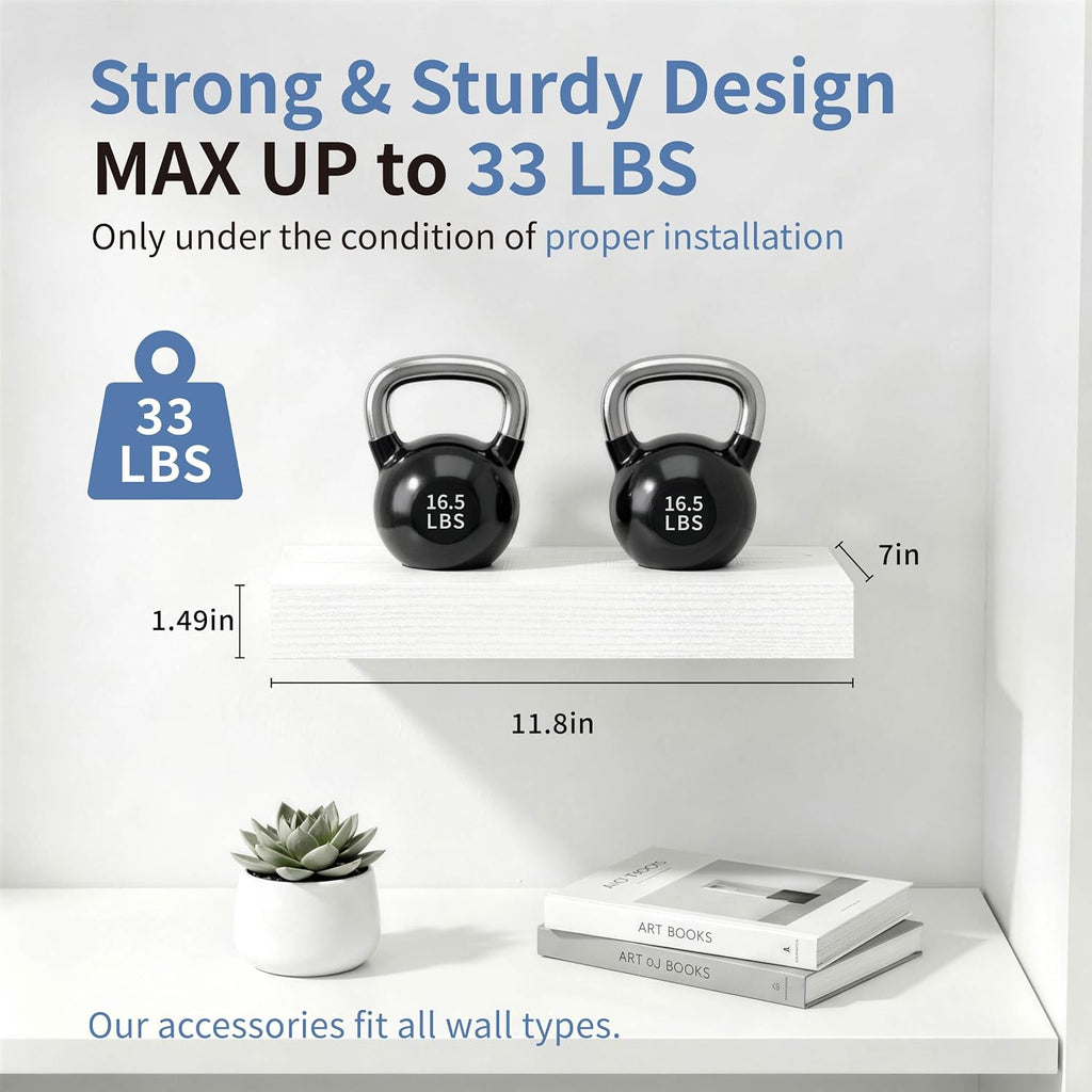 Floating Shelves, White Wooden Set of 3, 12" x 7" x 1.5" | Bathroom Shelves Over Toilet, Wall Mounted Hanging Shelves