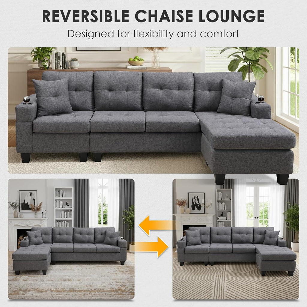 Sectional Sofa Couch, Modern 4-Seaters Living Room Furniture Sets with Reversible Chaise Lounge & 2 Pillows |