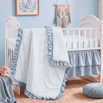3 Piece Blue Stripe Crib Bedding Set with Sheet and Skirt