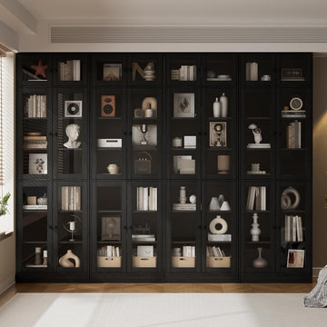 85.5" Modern Bookcase with Glass Doors Set of 4, 7-Tier Tall Wooden Bookshelf with Storage, Large Curio Cabinet