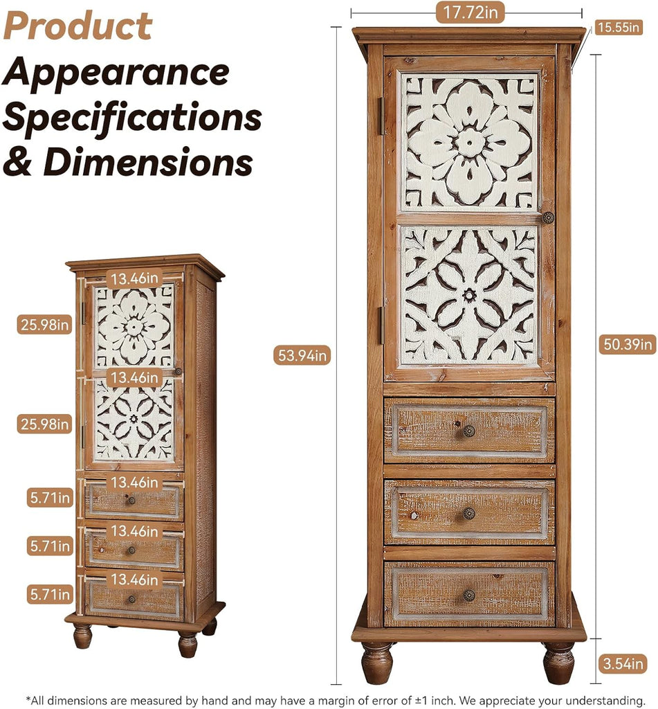 Solid Wood Tall Accent StorageCabinet,Narrow Carved Sideboard Buffet | Fir Wood 54" Tall Narrow Accent Storage
