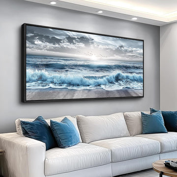 Large Wall Decor Wall Art Office Decor Blue Beach Sea Wave Paintings Sunrise Ocean Seascape Wall Pictures Canvas