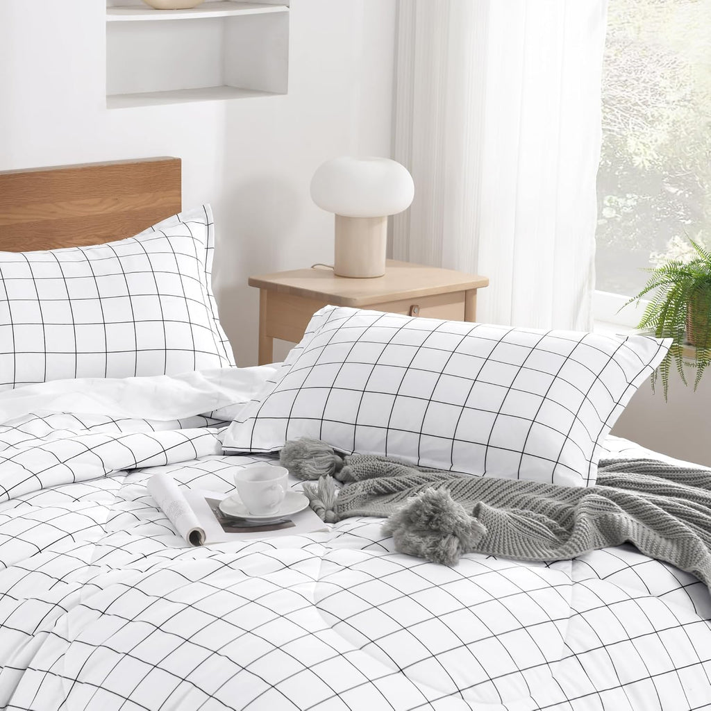 Comforter Sets, White Gingham Plaid Grid Checkered Bedding Comforter Set for Teens Boys Girls Kids, 3 Pieces
