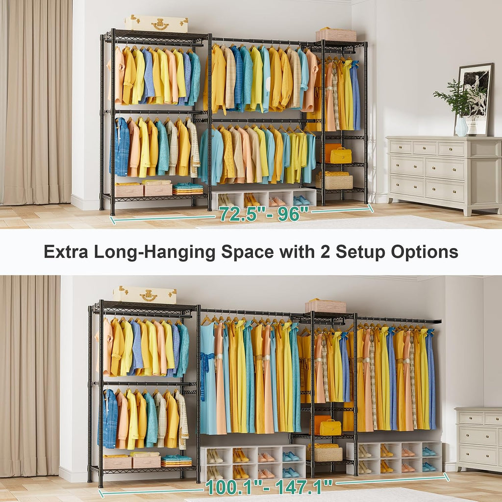 E01 Expandable Heavy Duty Clothes Rack, Free Standing Closet System | 72.5-96" Adjustable Portable Garment & Clothing