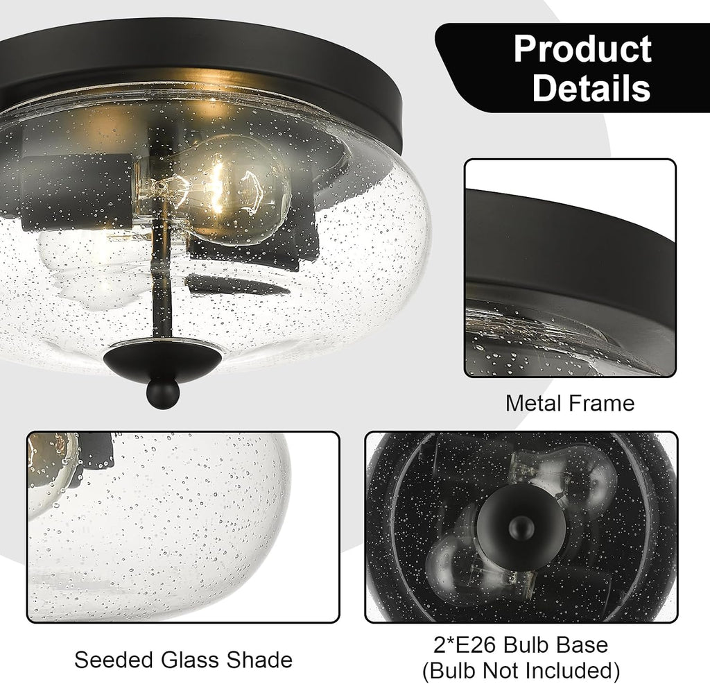 Black Ceiling Light Fixtures, Indoor Outdoor Flush Mount Ceiling Light with Seeded Glass Shade for Farmhouse Hallway
