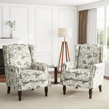 Floral High Back Accent Chairs Set of 2, Wingback Armchair in Fabric | Printed Upholstered Reading Seat with