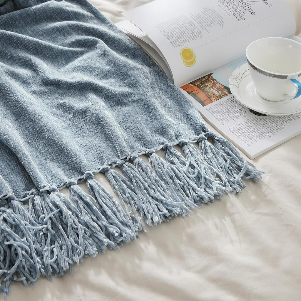 Chenille Throw Blanket, Cozy Plush Fuzzy Decorative Dusty Blue Blanket with Fringe Tassels, Lightweight Throws, 50"X60"