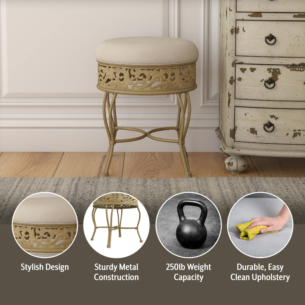 Villa III Backless Metal Vanity Stool with Ornate Lattice Detailing, Antique Beige