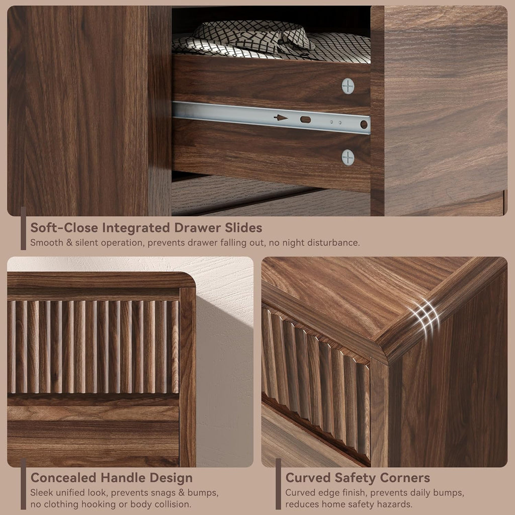 Fluted 6 Drawer Dresser , 50" Wide Dresser & Chest of Drawers with Curved Profile Design, Wood Mid Century Dressers