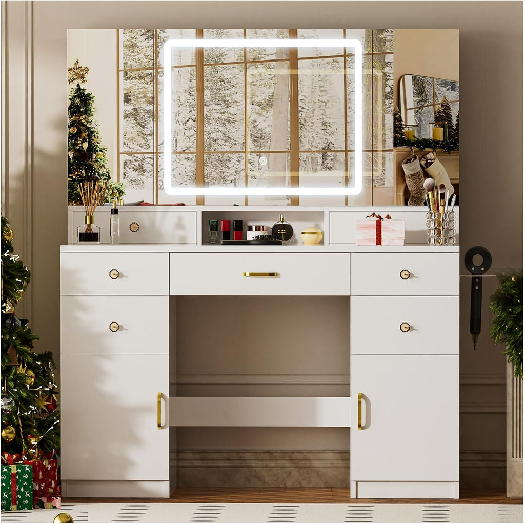 Vanity Desk with 3 Way Mirror and Lights, Large Makeup Vanity Table Set with Charging Station, 3 Lighting Modes &