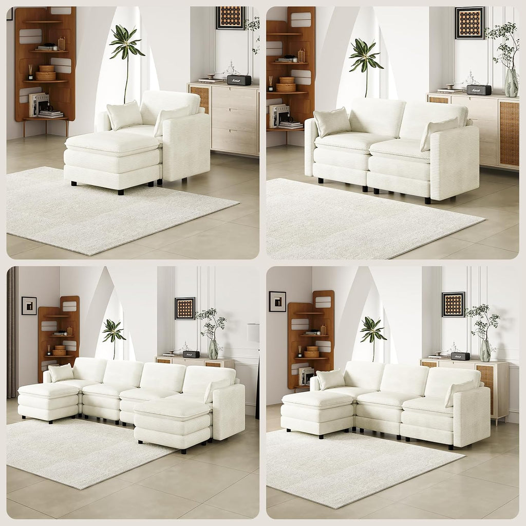 L Shaped Couch Sectional Sofa with Chaise 3 Seat Couch Modular Cloud Sofa Corduroy Couch Cream White Living Room