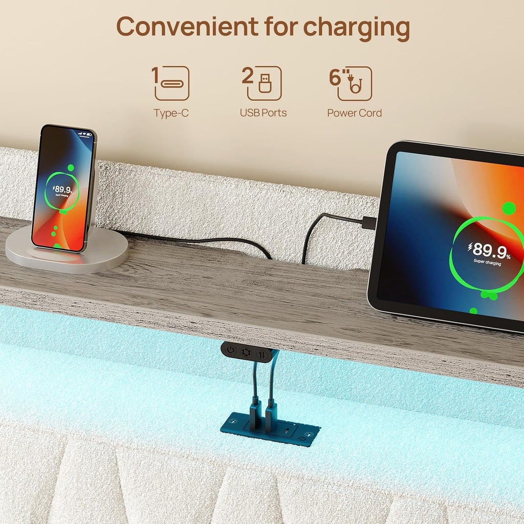 Full Bed Frame with Drawers, Storage Headboard with Charging Station and LED Lights
