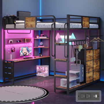 Loft Bed with Desk Full,Full Bed Frame with 6 Storage Drawers