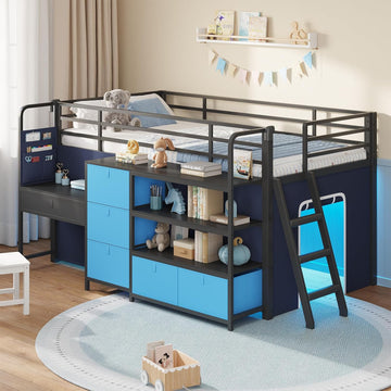 Low Loft Bed with Desk and 6 Storage Drawers Twin Loft Bed with Bookshelf,LED Lights & Under-Bed Play Space,Kids Twin
