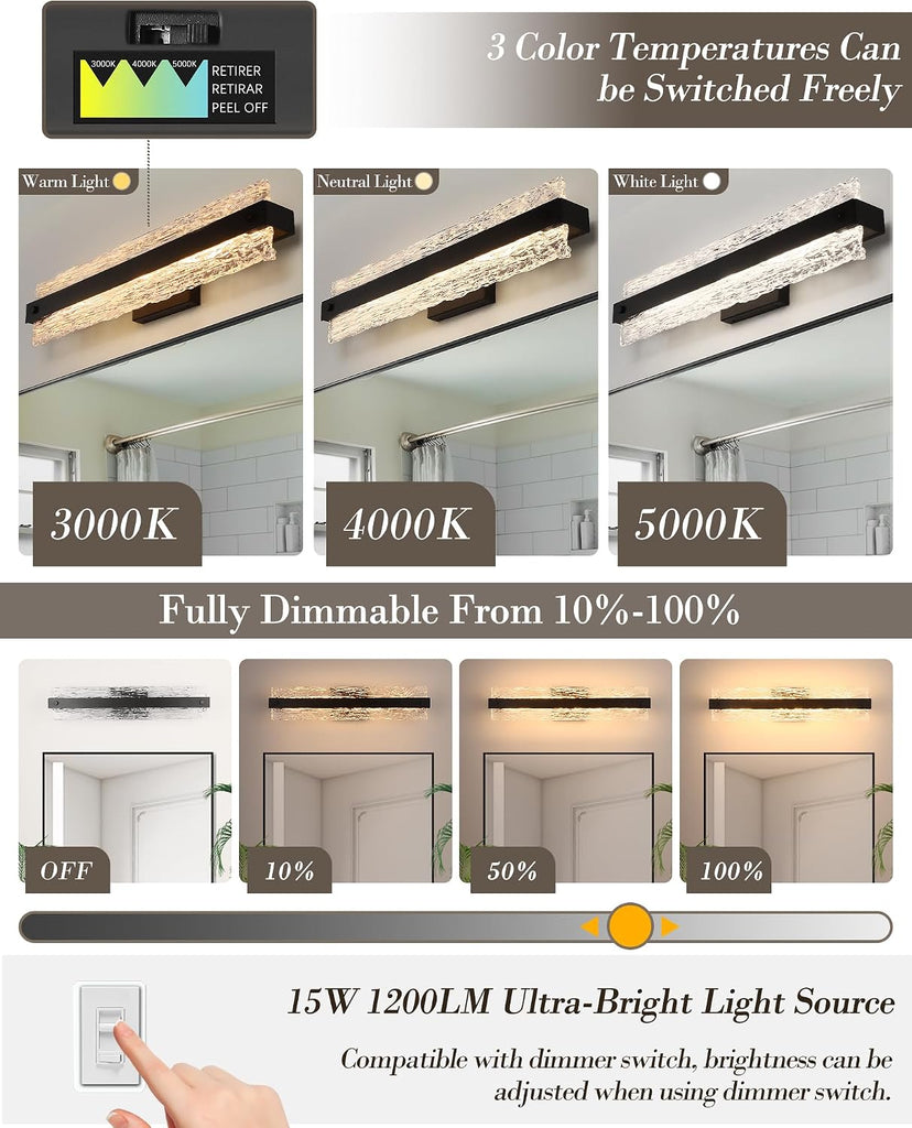 Black LED Bathroom Vanity Light, 24.4 Inch 15W Modern Dimmable Bathroom Light Fixture Over Mirror, Crystal Bar Wall