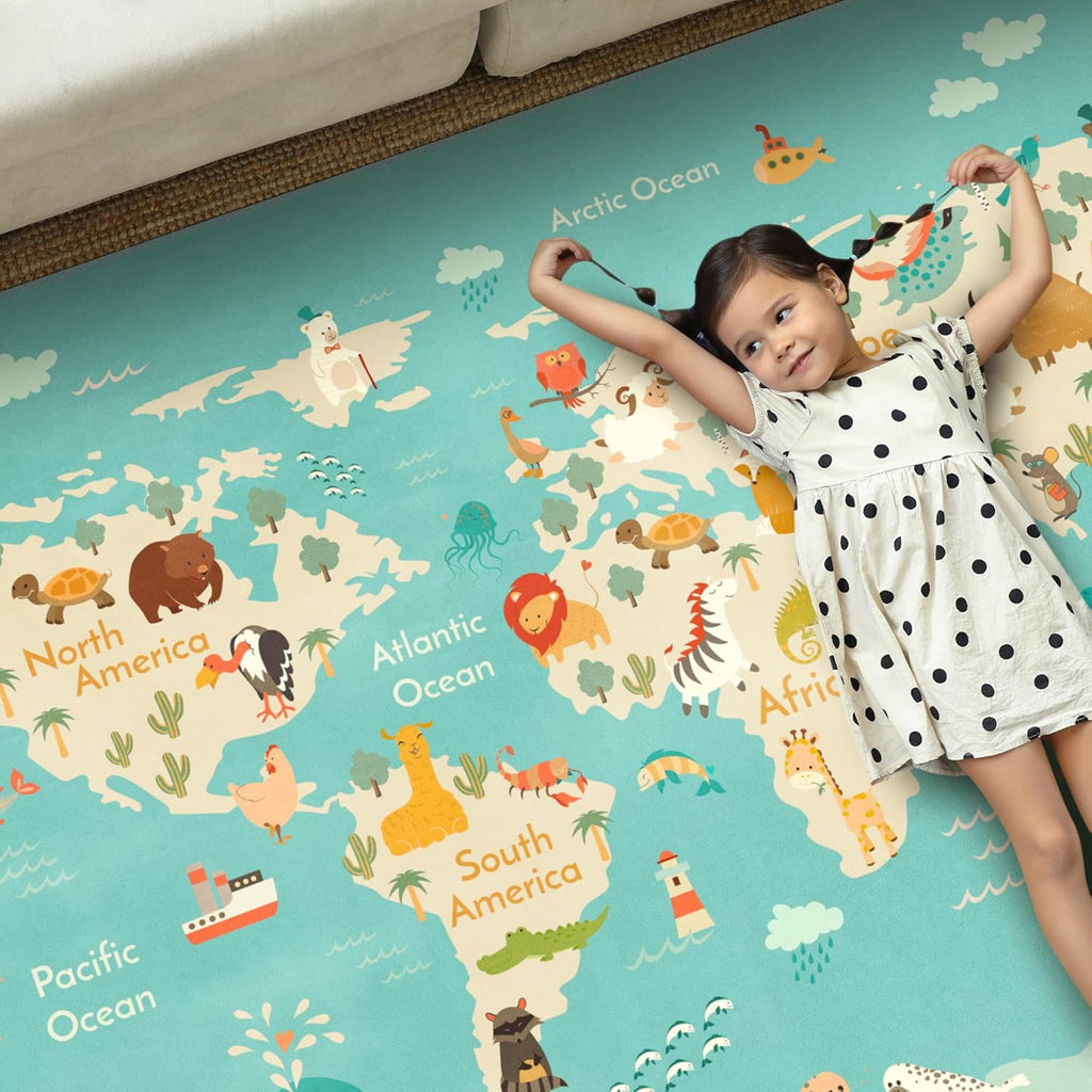 Washable Kids Playroom Rug - 5x7 Play Rug for Preschool Toddlers, Girls, Educational with Cute Animals - Non-Slip