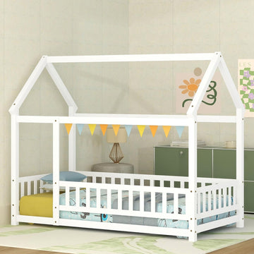 Twin Size House Floor Bed,Wooden Montessori Bed with Fence and Roof for Kids,Twin Bed Frame for Boys,Girls(Twin,White)