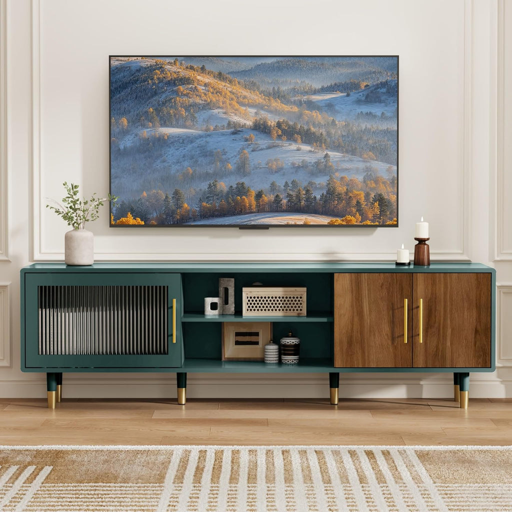 TV Stand with Glass Sliding Door, 66” Mid Century Modern TV Cabinet for TVs up to 75 inch, Entertainment Center with Storage Cabinet, Television Console for Living Room, Bedroom, Green