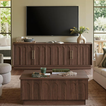 TV Stand for 75 Inch TV and Coffee Table Set of 2, Arched Design with Wood Grain Finish, Media Console with Adjustable Shelves, 67" Entertainment Center for Living Room Bedroom,Walnut