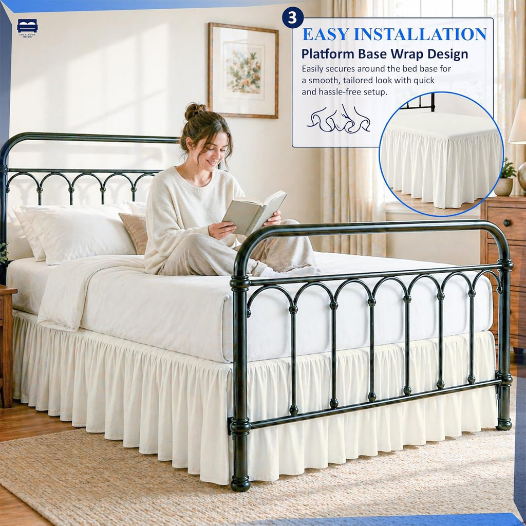 Ruffled Bed Skirt Queen 15-Inch Drop with Split Corners, Ivory