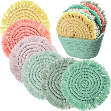 Coasters Set of 6 with Holder Boho 4" Tassel Macrame Woven, Macaron