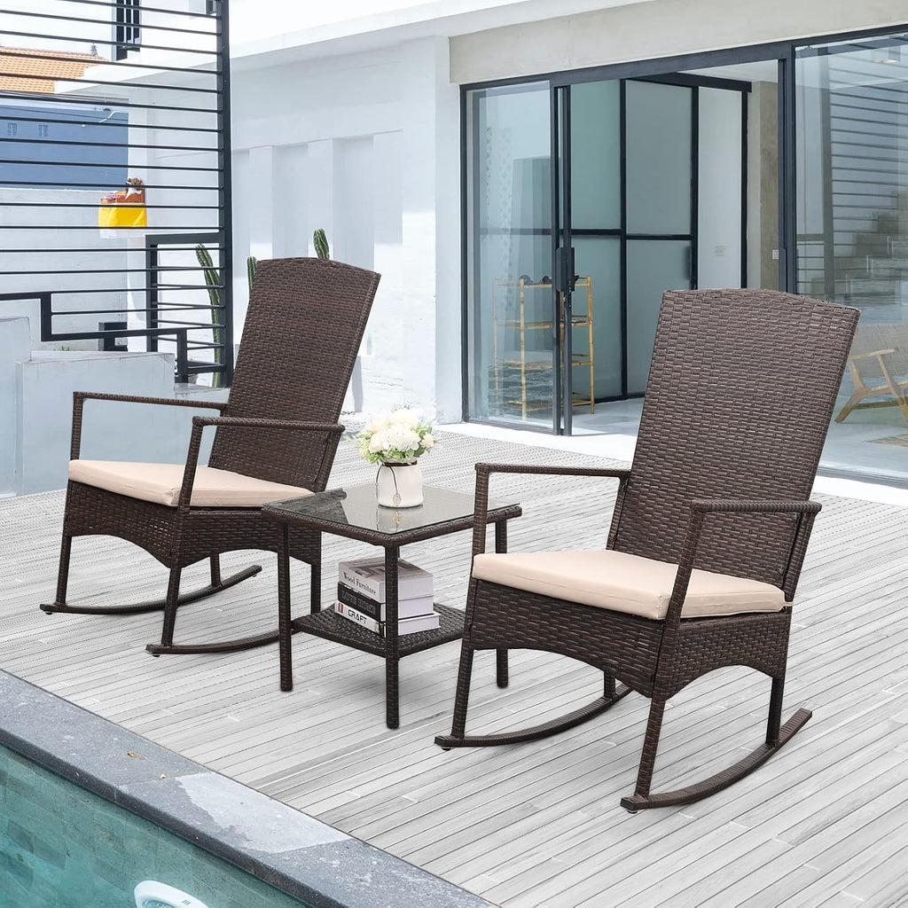 Outdoor HDPE Wicker Rocking Chair 3-Piece Patio Rattan Bistro Set 2 Rocker Armchair and Glass Coffee Side Table
