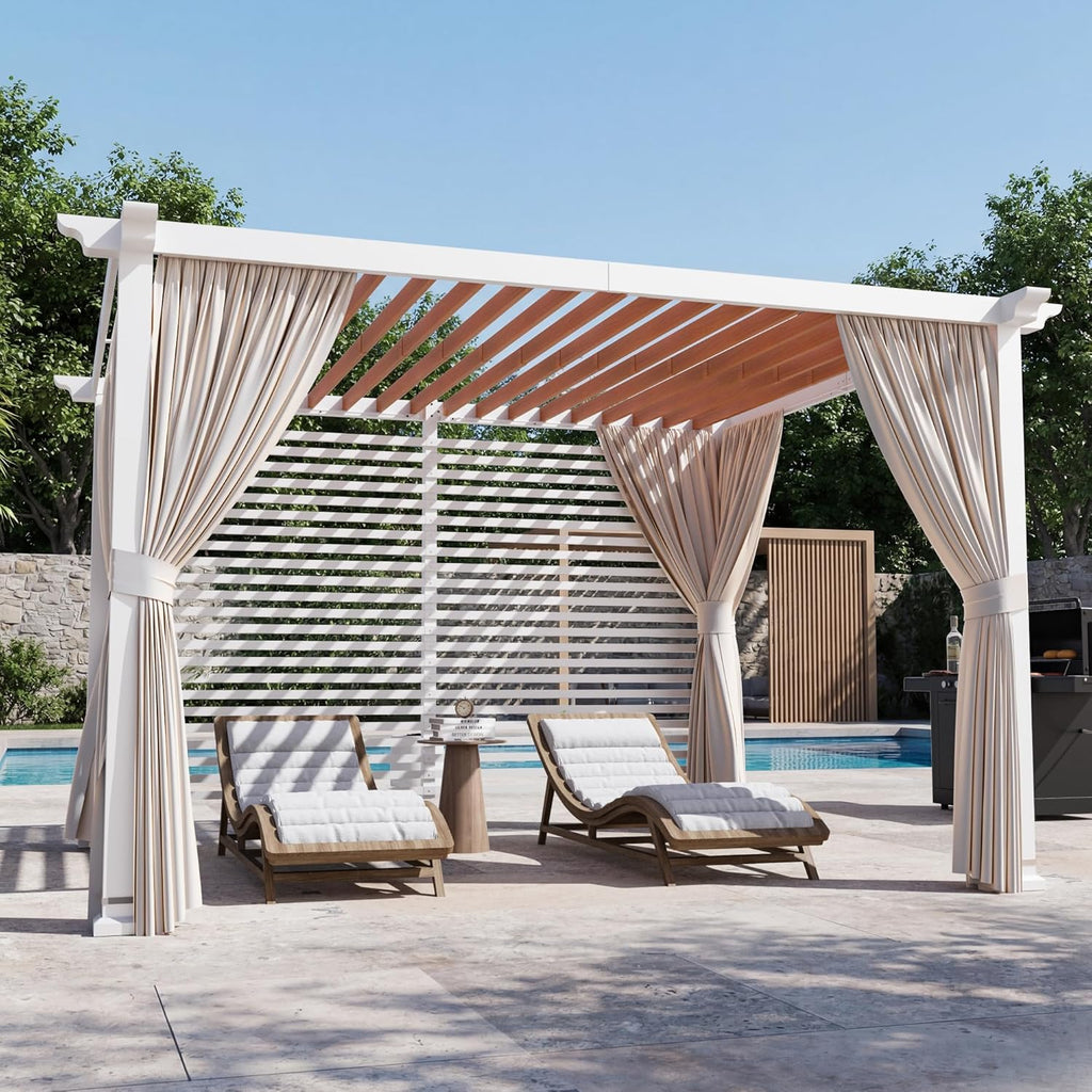 Modern Shade Open Sky 10'x12' Pergola Cabana, Modern Outdoor Pergola with White Privacy Curtains & Back Privacy Wall